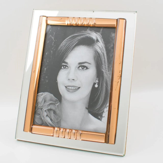Stunning French 1940s mirror picture photo frame. Deep geometric beveling and domed sides in lovely copper or pink peach...