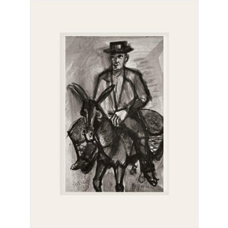 Vintage Mid Century French Abstract Black and White Painting on Paper of Man on Donkey, Signed by Righetti With Mat For Sale