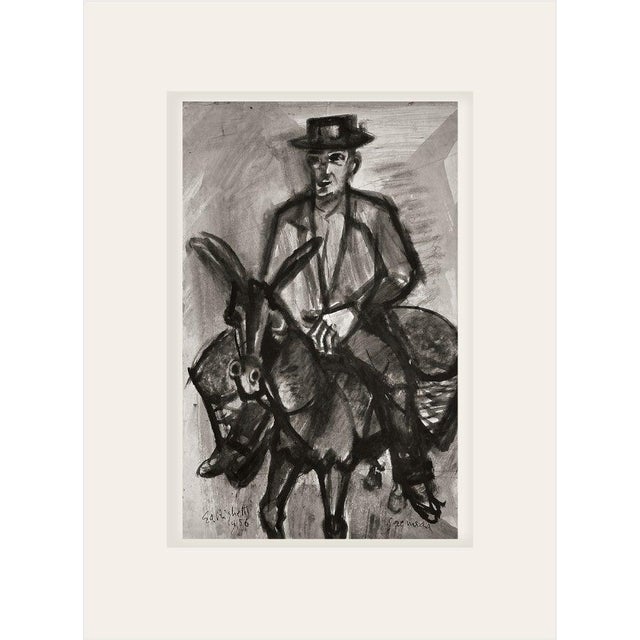 Vintage Mid Century French Abstract Black and White Painting on Paper of Man on Donkey, Signed by Righetti With Mat For Sale
