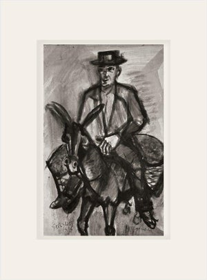 Vintage Mid Century French Abstract Black and White Painting on Paper of Man on Donkey, Signed by Righetti With Mat