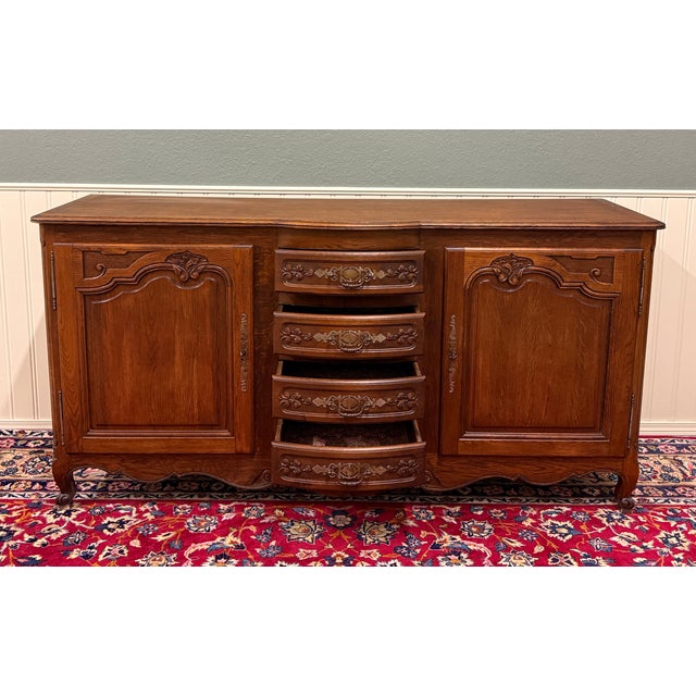 Antique French Louis XV Bow Front Buffet Sideboard Server Carved Oak C. 1930s For Sale - Image 12 of 18