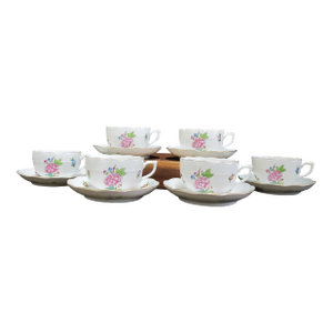 Herend Eton 724 Hand Painted Flower Porcelain Large Tea Cup & Saucer Set of 6
