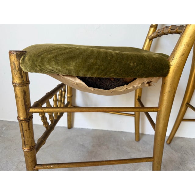 Antique Italian Faux Bamboo Gilt Wood Accent Chairs With Green Velvet Upholstery – A Pair Description: For Sale - Image 11 of 12