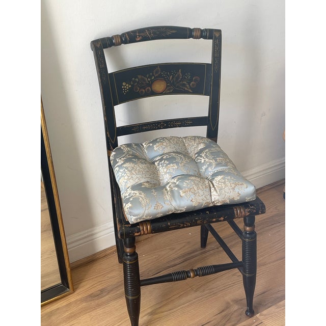 Black Antique American Painted Side Chair With Cane and Silk Cushion For Sale - Image 8 of 8