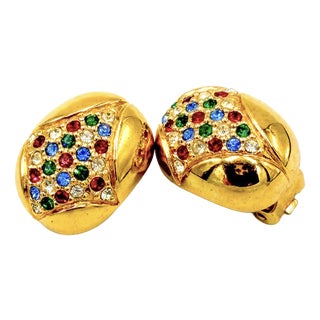 Vintage Gilded Clip-on Earrings with Rhinestones from Grossé, 1970s, Set of 2 For Sale