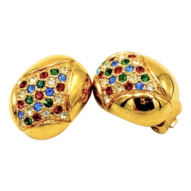 Vintage Gilded Clip-on Earrings with Rhinestones from Grossé, 1970s, Set of 2 For Sale