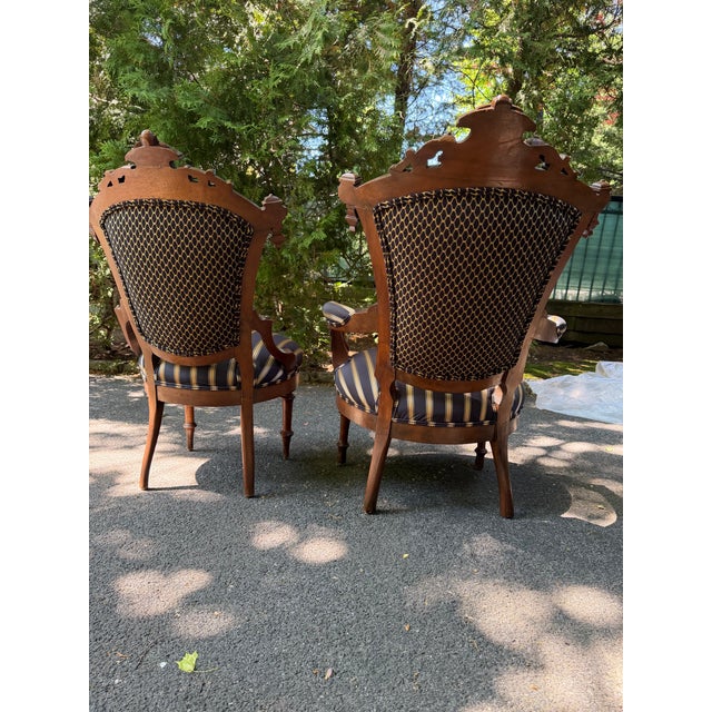 Matched Pair of Late 19th Century American Renaissance Revival “His and Hers” Victorian Parlor Chairs – Custom Upholstered, Pristine Woodwork. For Sale - Image 4 of 5