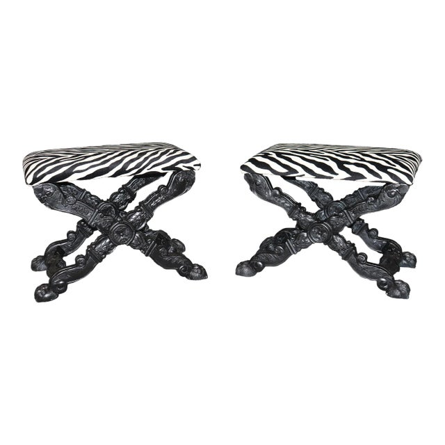 Pair Ebonized Carved French Maison Jansen Style Zebra Print Upholstered Stools For Sale