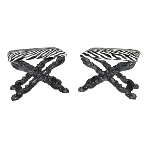 Pair Ebonized Carved French Maison Jansen Style Zebra Print Upholstered Stools