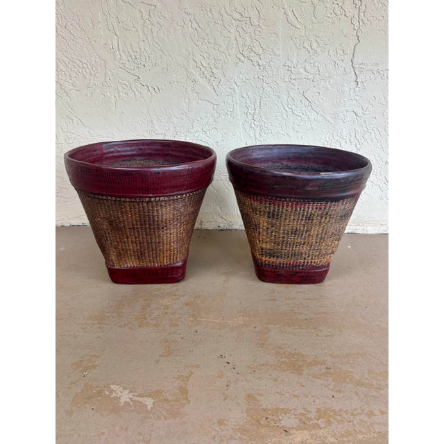 Pair of 19th Century Thai Hand Woven Rattan Red Lacquer Grain Baskets For Sale - Image 4 of 9