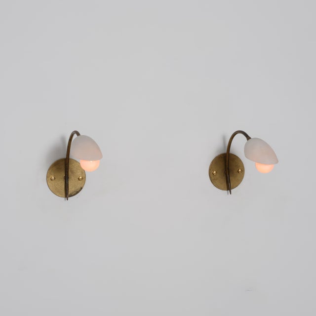Metal Italian Curved Brass and Opaline Glass Sconces, 1950s, Set of 2 For Sale - Image 7 of 13