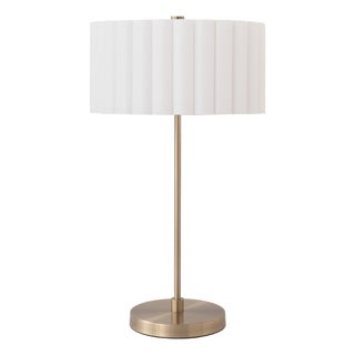 Modern Slimline Scallop Table Lamp - Handcrafted Weathered Brass Steel Body, White Linen 16x8 Drum Shade, 29 Inch Tall, Body Dimmer - Modern Design For Sale