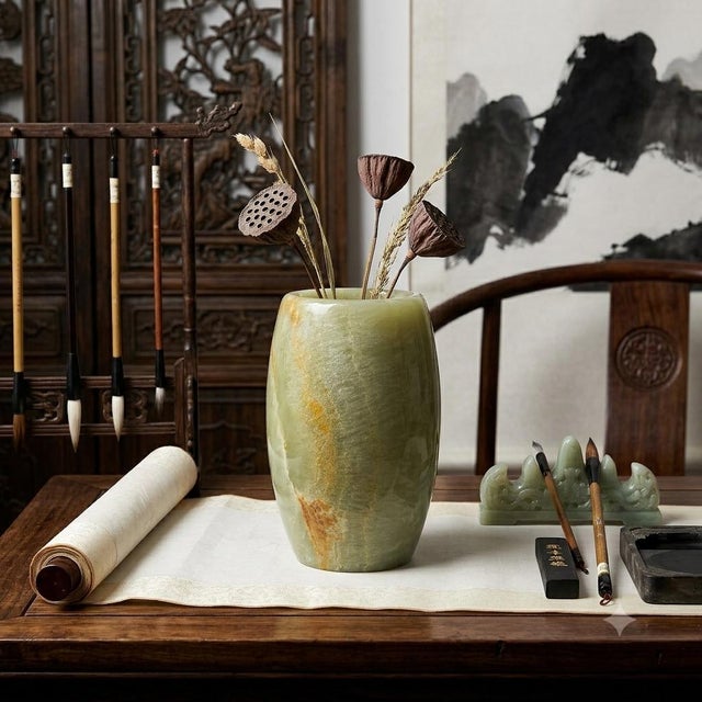 1990s Natural Stone Crafted Barrel Shape Small Art Vase For Sale - Image 5 of 8