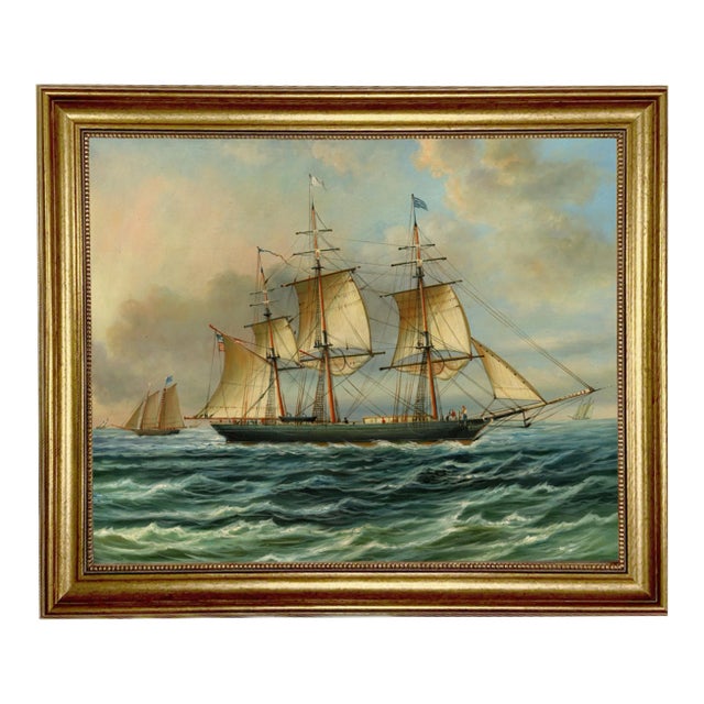 Baltimore Clipper Architect Framed Oil Painting Print on Canvas in Antiqued Gold Frame For Sale