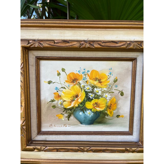 Vintage Mid Century Original Oil Painting Ornate inner carved border framing Textured linen liner Signed 1960s-1970s