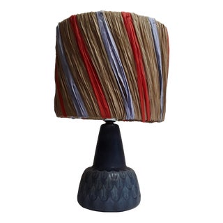 Vintage Table Lamp with Blue Patterned Ceramic Foot and Fabric Covered with Colored Raffia, 1970s For Sale