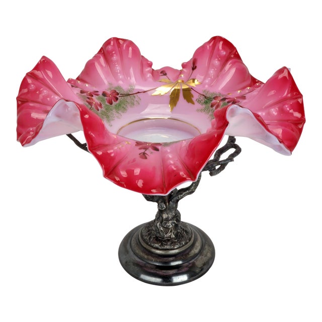 Victorian Aurora Silver Plate Stand & Austrian Cased Glass Painted Bowl 19th C For Sale