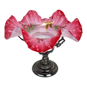 Victorian Aurora Silver Plate Stand & Austrian Cased Glass Painted Bowl 19th C