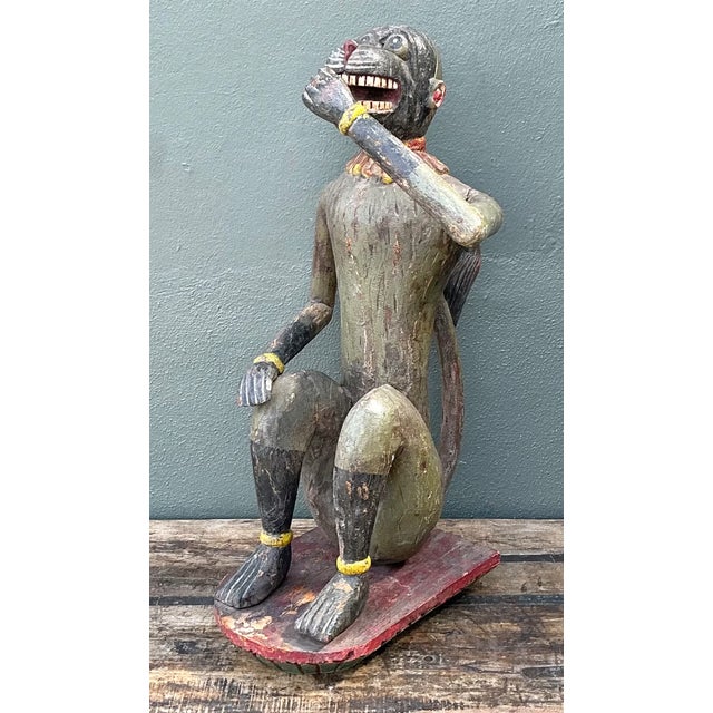 Mid-Century Modern Vintage Painted Wood Monkey Sculpture For Sale - Image 3 of 14