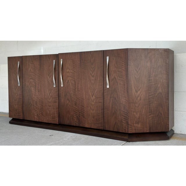 Original retail $8000, stylish Century Furniture Modern Mahogany Compositions Credenza, four doors with pewter pulls, four...