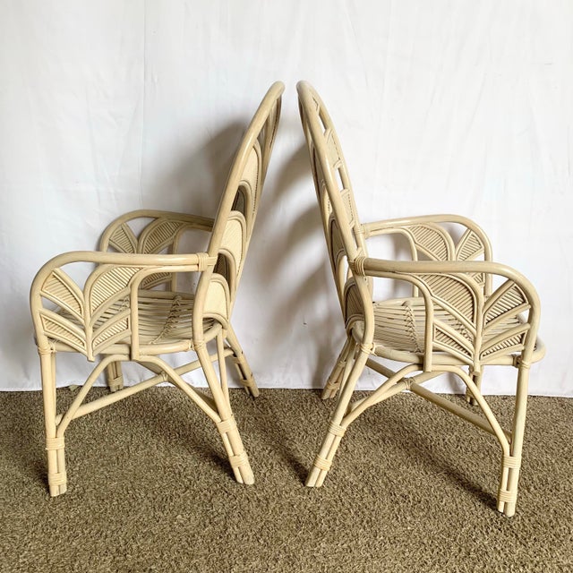 Boho Chic Coastal Sculpted Palm Frond Rattan Dining Arm Chairs - Set of 4 For Sale - Image 4 of 9