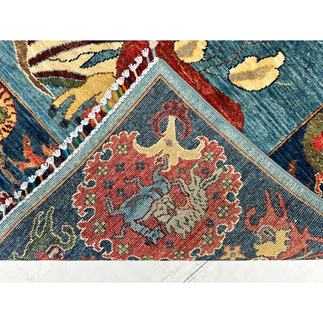 Blue Afghan Pictorial Tree of Life Hand-Knotted Wool Rug - 9'9" X 6'7" For Sale - Image 16 of 17