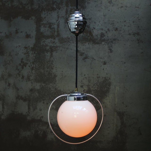 French Nickel Plated Pendant Lamp with White Opaline Globe, 1950s For Sale - Image 4 of 8