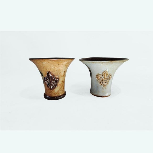 Aqua Art Deco Ceramics with Fleur-De-Lis Relief by Roger Guérin, 1920s, Set of 2 For Sale - Image 8 of 9