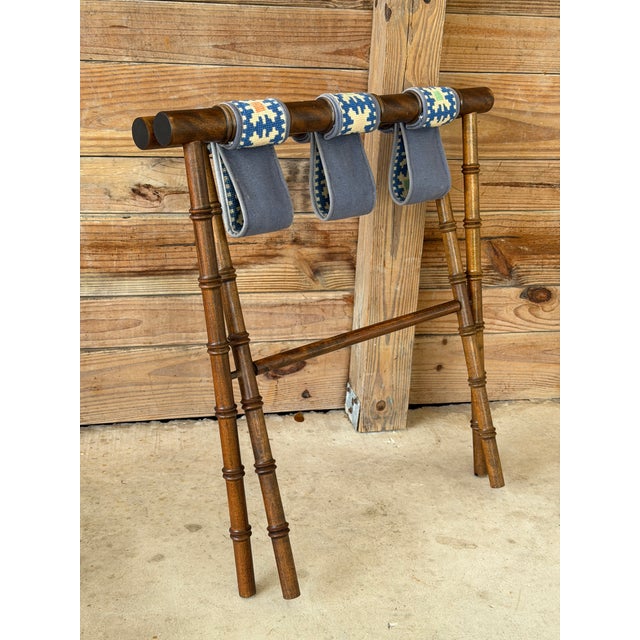 Vintage Walnut Faux Bamboo Folding Luggage Rack With Needlepoint Straps For Sale - Image 9 of 11