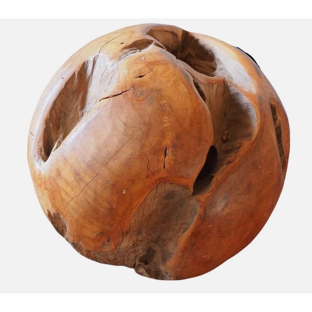 Offered is a large hand-carved solid wood burl sculpture, featuring a dramatic organic spherical form with natural voids...