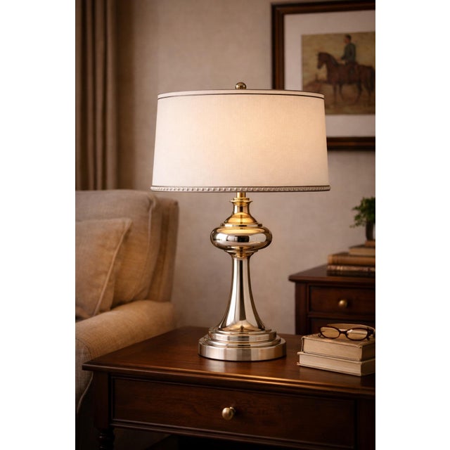 Metal Late 20th Century Ralph Lauren Polished Metal Table Lamp With Linen Drum Shade For Sale - Image 7 of 8