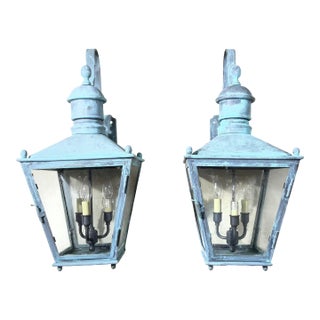 Large Pair of Vintage Solid Brass Wall Lanterns - 12”x 12”x 24” For Sale