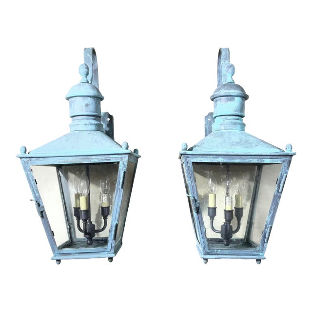 Large Pair of Vintage Solid Brass Wall Lanterns - 12”x 12”x 24” For Sale