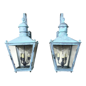 Large Pair of Vintage Solid Brass Wall Lanterns - 12”x 12”x 24”