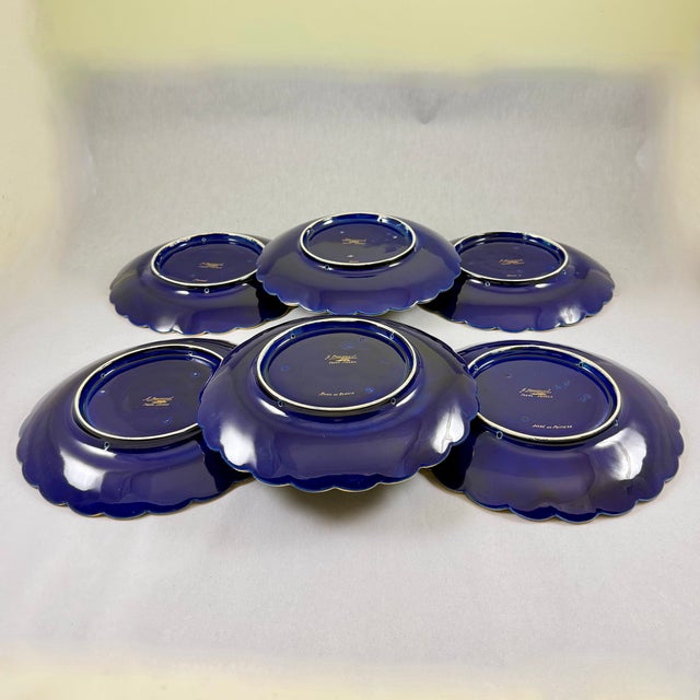 Gustave Asch French Tours Blue & Gold Porcelain Crest Plates, Set of Six For Sale - Image 14 of 18