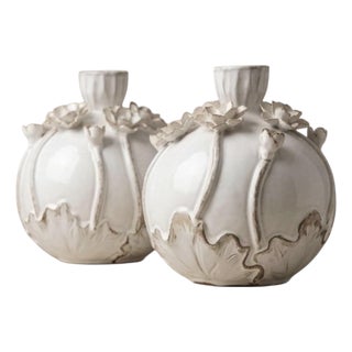 Pair of Italian Hand-Crafted Floral Ceramic Bud Vases For Sale