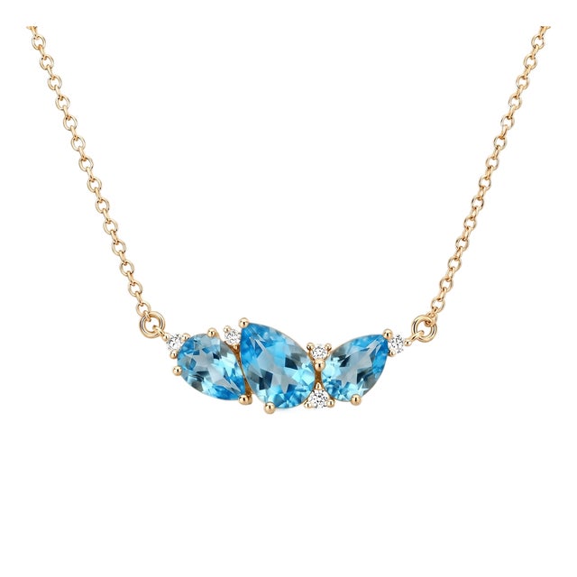 Swiss Blue Topaz Pear Cut Necklace | 18k Yellow Gold Plated Three Stone Cluster Pendant Necklace | December Birthstone Gift For Sale