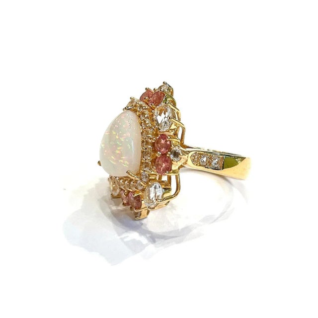 White Bochic “Orient” Opal, Ruby & Sapphire Ring, Set 18K Yellow Gold & Silver For Sale - Image 8 of 12