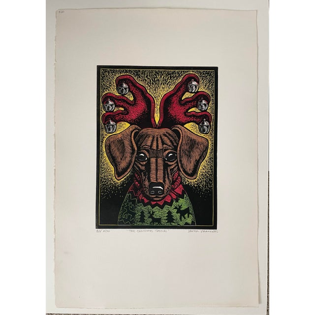 The whimsical piece is a medium-sized signed dog etching titled "The Christmas Special" by artist Xavier Viramontes, a...