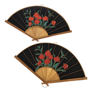 Vintage Large Hand-Painted Bamboo & Fabric Red Iris Wall Fans, a Pair