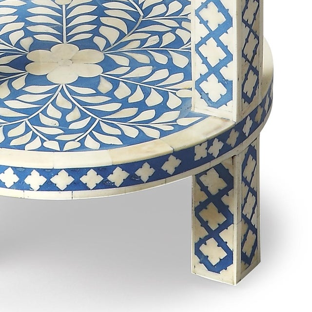 Boho Chic Vivienne 12.75 in. W Round Bone Inlay Side Table with Open Lower Shelf, Blue and White Bone For Sale - Image 3 of 5