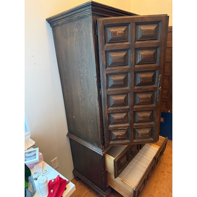 Wood 1950s Brutalist MCM Spanish Wood Armoire Wardrobe For Sale - Image 7 of 12