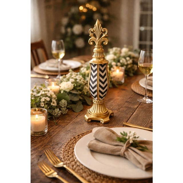 Gold Fleur-De-Lis Decorative Finial Sculpture With Black & White Chevron Inlay Attributed to Maitland-Smith For Sale - Image 10 of 10
