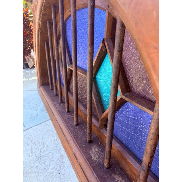 Very large and impressive vintage stained glass window with iron bars. Perfect for man cave, bar, garage, lanai or...