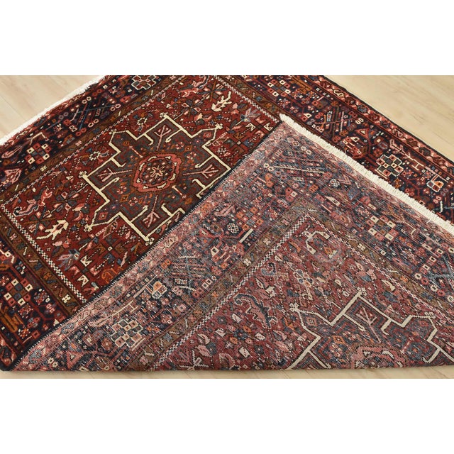 Vintage Karajeh Rug 4'10'' X 6'2'' Red Wool Tribal Hand-Knotted Oriental Carpet For Sale - Image 14 of 15
