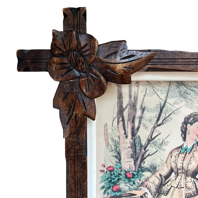 Pair of Victorian Fashion Engravings in Carved Black Forest Frames, 19th C. For Sale - Image 10 of 17