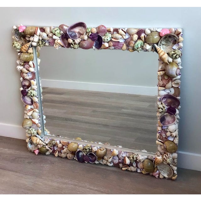 Large Rectangle Shell embossed mirror with calm shades of green tan purple and tan….perfect for many spaces.. Fireplace...