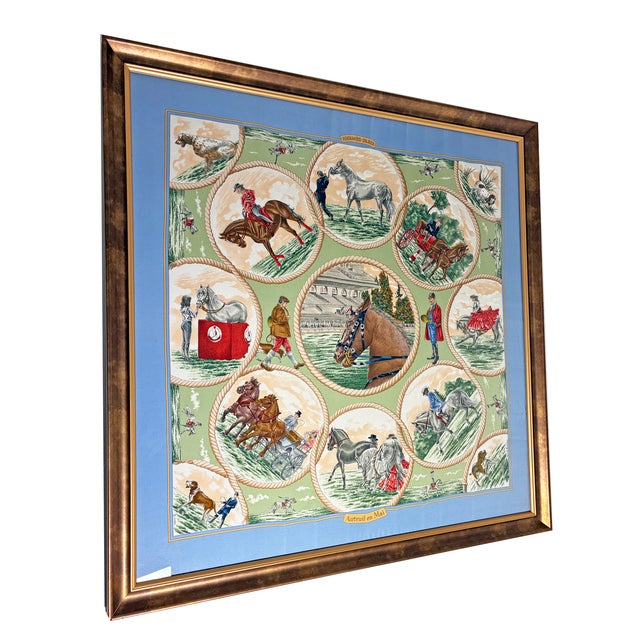 Framed Hermès Paris Silk Scarf "Auteuil en Mai," Equestrian Wall Art, 37" X 37" For Sale - Image 4 of 6