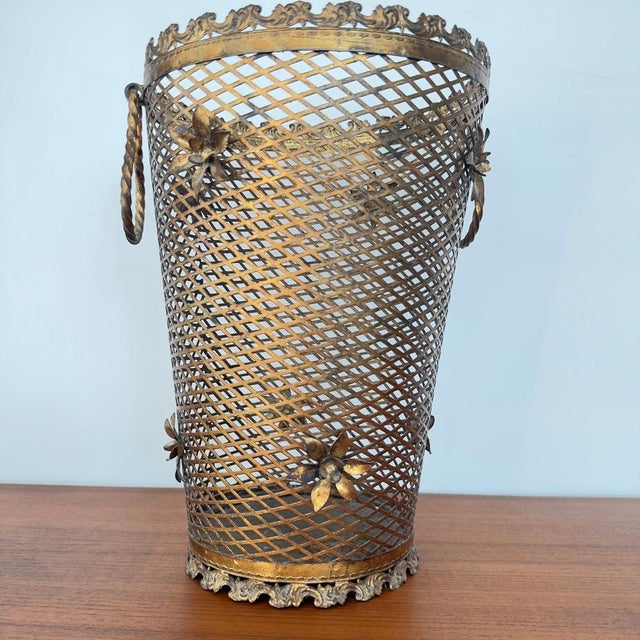 Brass Perforated Umbrella Stand with Detailed Flowers, 1950 For Sale - Image 3 of 9