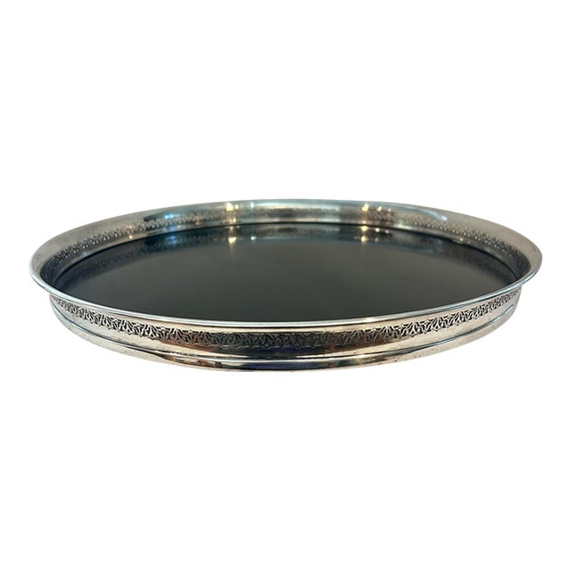 Vintage 1960’s Crescent Silverplate & Micarta 15” Round Footed Gallery Bar Tray For Sale